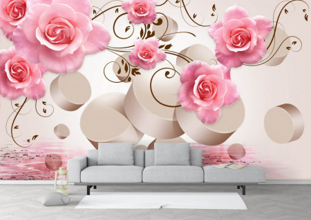 Fototapet 3D, Trandafiri roz pe un fundal 3D