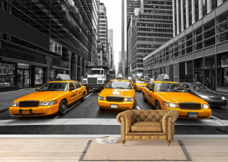 Fototapet, Mașini galbene într-un oraș gri