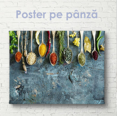 Poster, Condimente și ierburi pe tablă albastru-gri