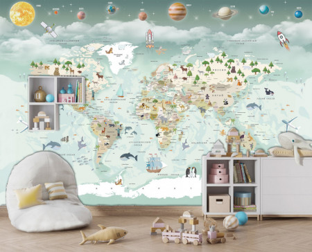 Tapet foto pentru copii, Harta lumii cu animale și planete