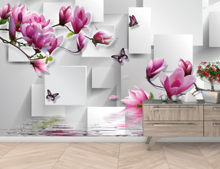 Fototapet 3D, Magnolie roz și fluturi