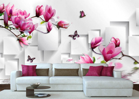 Fototapet, Flori și fluturi roz pe un fundal abstract
