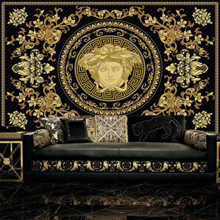Fototapet, Semn Versace pe un fundal negru cu elemente aurii