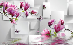 Fototapet 3D, Magnolie roz și fluturi