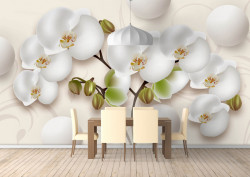 Fototapet 3D, O orhidee delicată și sfere albe