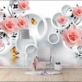 Fototapet 3D, Trandafiri și cercuri pe un fundal alb