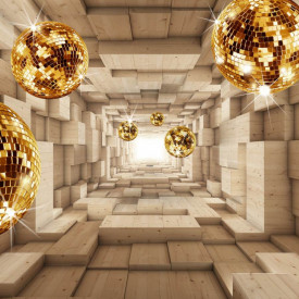 Fototapet 3D, Tunelul din cuburi din lemn și sfere strălucitoare