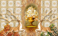 Fototapet, Cerbi și o vază de flori pe un fundal auriu