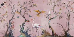 Fototapet, Flamingo și păsări tropicale și copaci pe un fundal roz