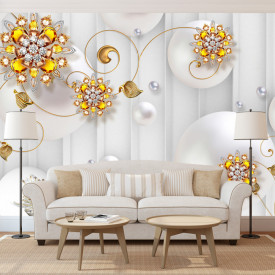 Fototapet, Flori aurii pe un fundal alb abstract cu sfere