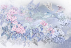Fototapet, Flori roz cu frunze albastre