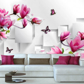 Fototapet, Flori și fluturi roz pe un fundal abstract