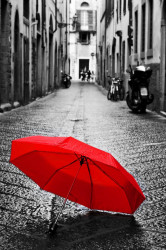 Fototapet, O umbrelă roșie pe asfalt