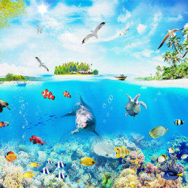 Fototapet, Oceanul albastru cu delfin și pește sub apă