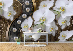 Fototapet, Orhidee albe și perle pe un fundal auriu