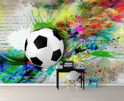 Fototapet pentru copii, Minge de fotbal pe perete colorat