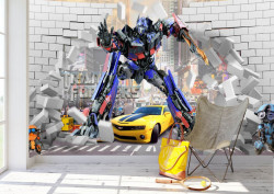 Fototapet, Un robot albastru și o mașină galbenă