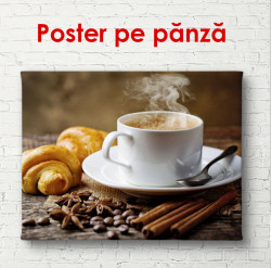 Poster, Ceașcă cu cafea și croissant pe masă