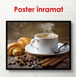 Poster, Ceașcă cu cafea și croissant pe masă