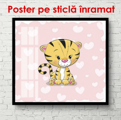 Poster, Pui de tigru pe un fundal roz cu inimi