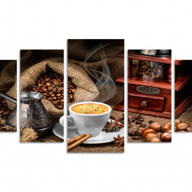 Tablou modular, Cafea fierbinte într-o cană cu o râșniță de cafea și boabe de cafea pe masă