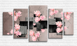 Tablou modular, Flori și cuburi de magnolie roz pe un fundal abstract