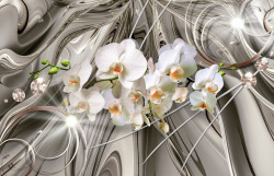 Tablou modular, Orhidei albe pe un fond de metal lichid