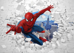 Tapet foto pentru copii, Omul Păianjen pe un perete 3D din cărămidă