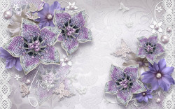 Fototapet 3D, Fantezie cu flori violet și pietre prețioase