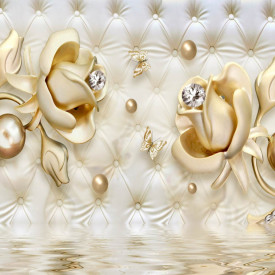 Fototapet, Broșă de aur în reflexia apei pe un fundal alb din piele