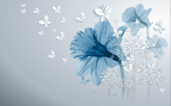 Fototapet, Floare albastră și fluturi albi