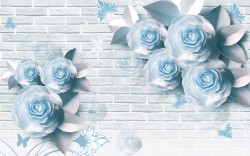 Fototapet, Flori albastre pe un fundal de cărămidă albă