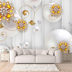 Fototapet, Flori aurii pe un fundal alb abstract cu sfere