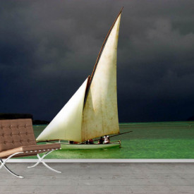 Fototapet, O barcă cu pânze albe pe apă
