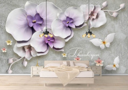 Fototapet, Orhidee violet și fluturi albi