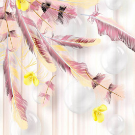Fototapet, Pene roz și flori galbene pe un fundal alb