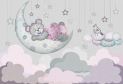 Fototapet pentru copii, Ursul gri doarme pe lună pe un fundal cenușiu