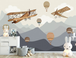 Tapet foto pentru copii, Avioanele retro și baloanele cu aer cald pe cer