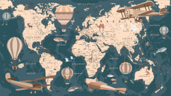 Tapet foto pentru copii, Harta lumii cu aviație retro