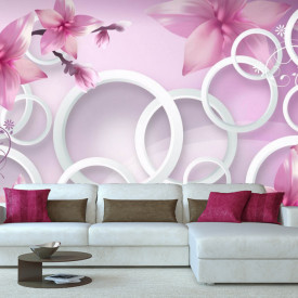 Fototapet 3D, Flori roz și cercuri albe