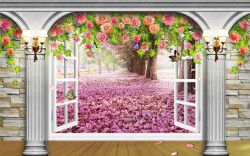 Fototapet 3D, Ieșire arcuită spre grădina de flori roz