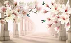 Fototapet 3D, Magnolii albe și păsări Colibri pe fundalul unui tunel cu coloane grecești