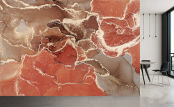 Fototapet, Abstractie portocalie cu elemente maro-aurii in stil fluid