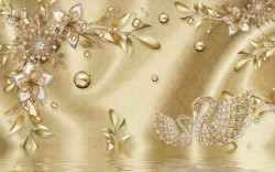 Fototapet, Broșă de aur sub formă de flori și lebede pe un fundal auriu