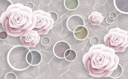 Fototapet, Flori roz și cercuri albe pe un fundal bej