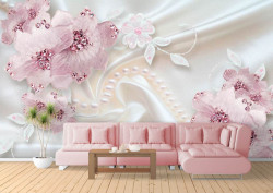 Fototapet, Flori roz și pietre prețioase pe fundalul de mătase albă