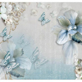 Fototapet, Fluturi albaștri și flori albe