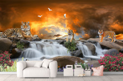 Fototapet, Tigri pe fundalul unei cascade