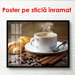 Poster, Ceașcă cu cafea și croissant pe masă