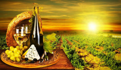 Poster, Vinul cu brânză pe un butoi la apusul soarelui